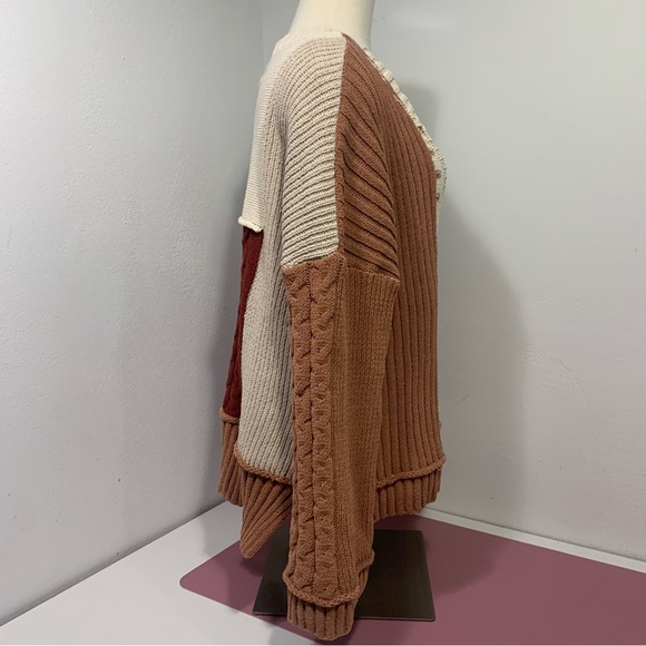 POL Oversized Color Block Cable Knit Sweater wide cropped sleeve Rust Cream - Picture 6 of 13